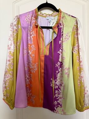 Current Air Floral Stripe Tie-Neck Blouse - Pink/Orange/Purple/Green